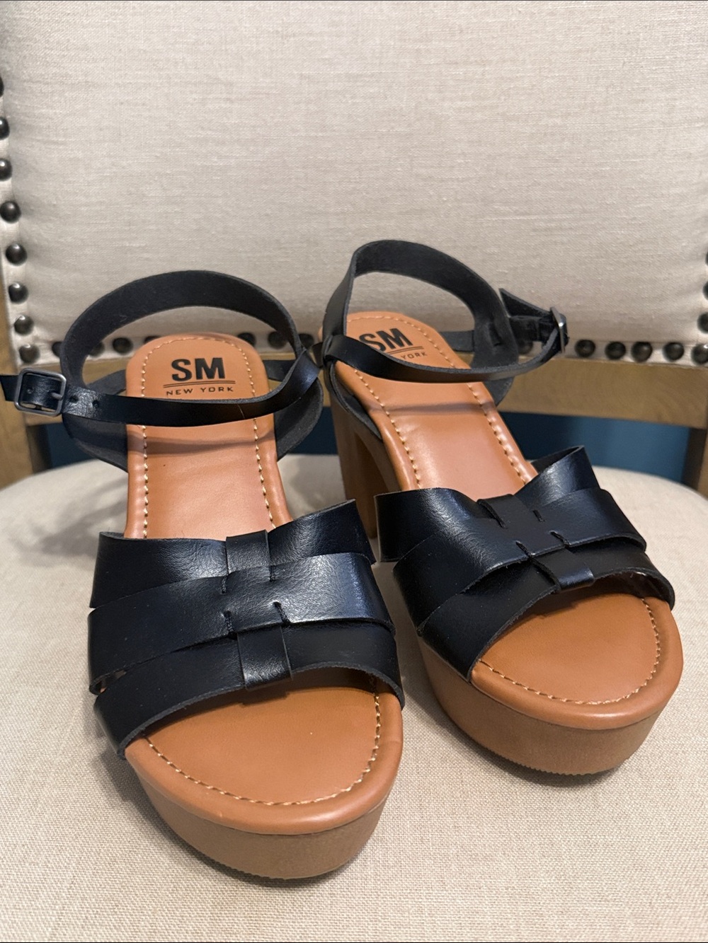 SM New York Black Faux Leather Platform Sandals Size 8